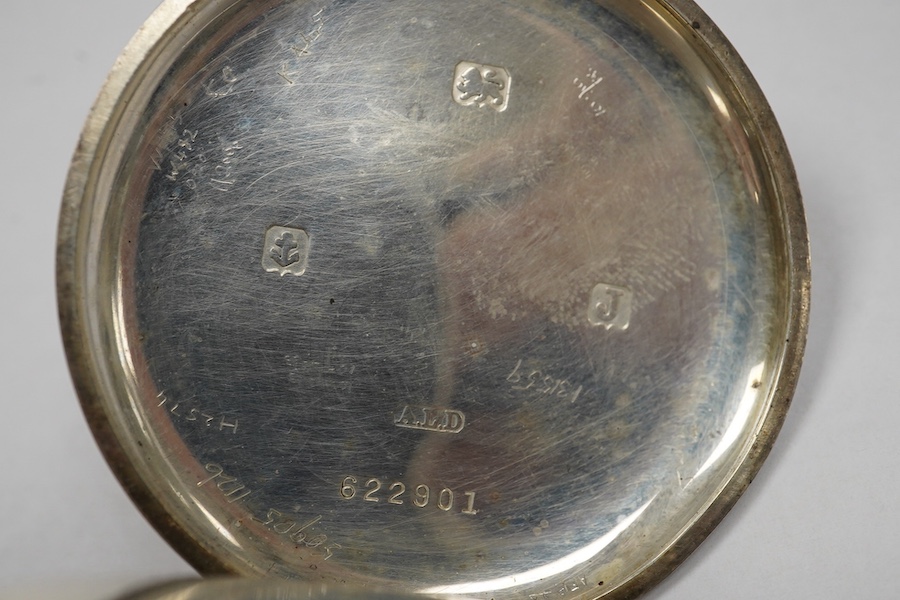 A George V silver J.W. Benson keyless half hunter pocket watch, with Roman dial and subsidiary seconds, case diameter 49mm. Condition - poor to fair